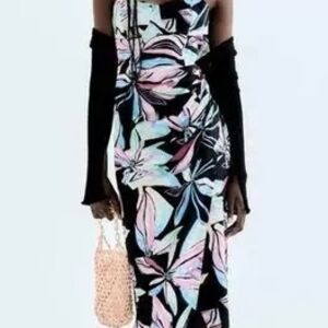 Zara Black and Pink Floral Midi Dress
